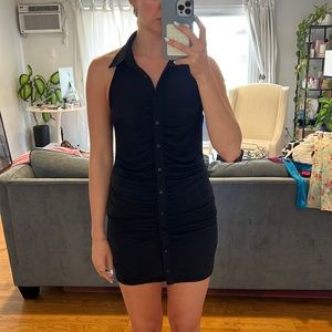 Black halter top dress. Ruched detailing button up w/ collar. Size M.